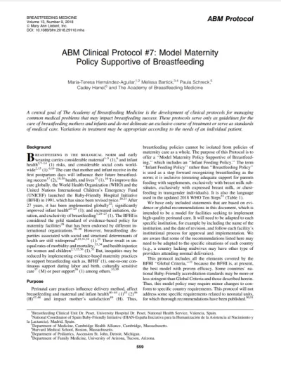 ABM Clinical Protocol #7: Model Maternity Policy Supportive of Breastfeeding