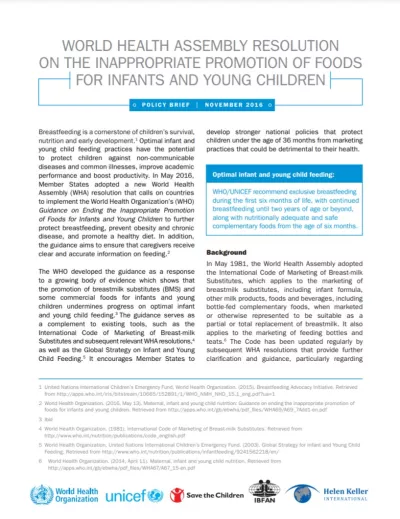 WHA Resolution on Guidance on the Inappropriate Promotion of Foods for Infants & Young Children