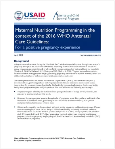 Maternal Nutrition Programming in the context of the 2016 WHO Antenatal Care Guidelines