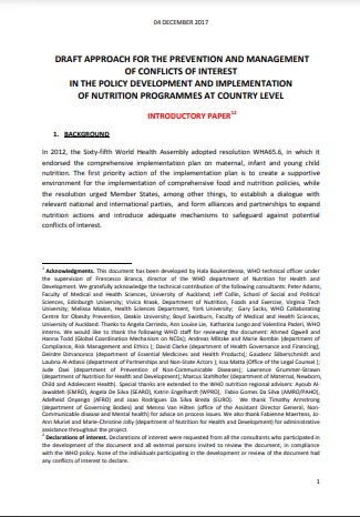 WHO approach on preventing and managing conflicts of interest in nutrition programmes